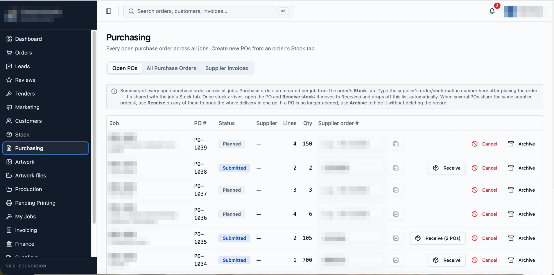 Purchasing view listing open purchase orders across all jobs