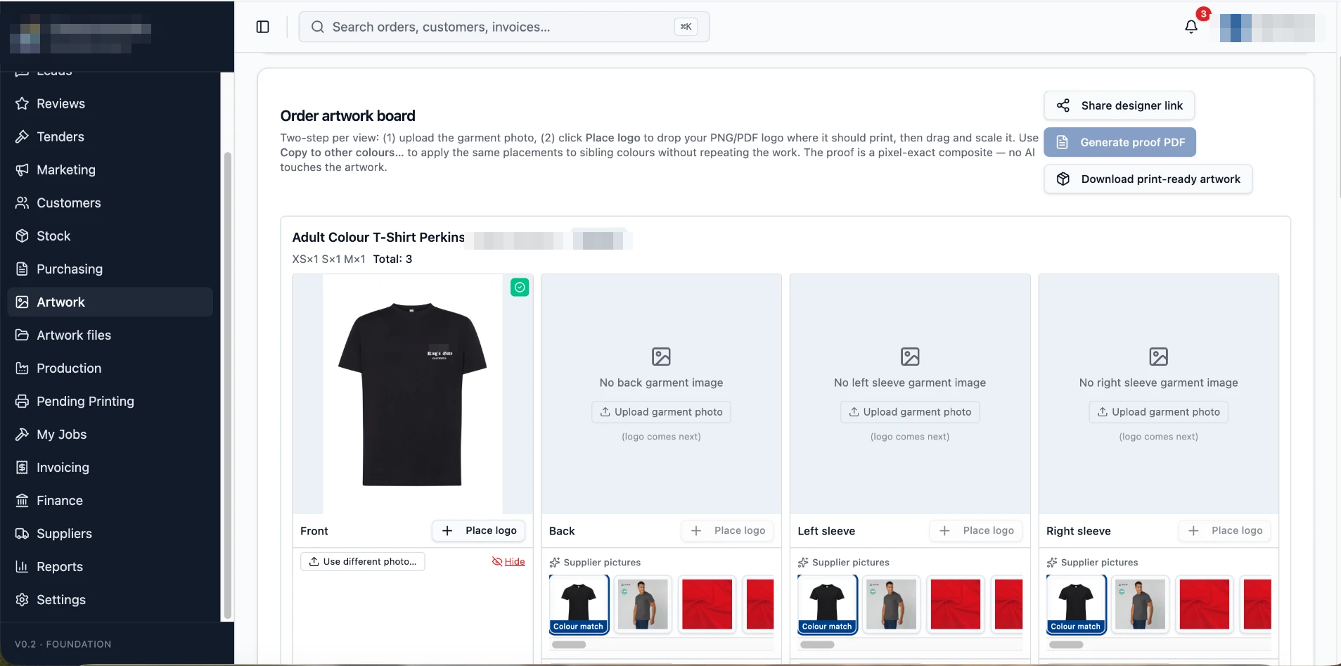 Artwork approval board with garment views and proof generation